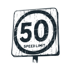 Poster - The 50 Speed Limit sign. Black white vector illustration.
