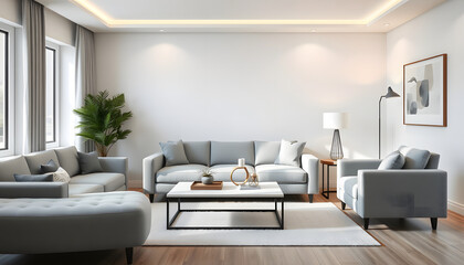 Wall Mural - Interior of light living room with grey sofa, coffee table and armchair isolated with white highlights, png