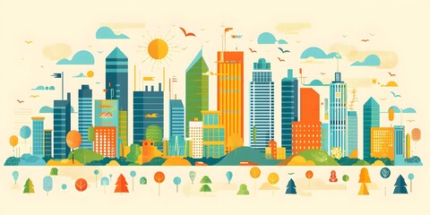 Wall Mural - Cityscape Illustration With Colorful Buildings And Trees