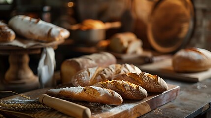 bread slice pastry brown morning bake organic cut table grain baguette board and full wooden meal