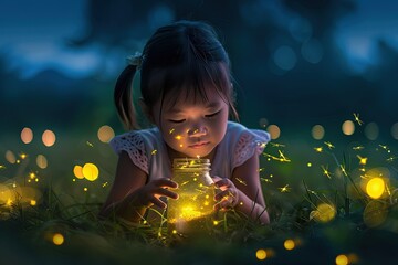 a little girl sitting in the grass with a jar of fireflies