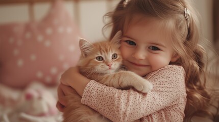 Wall Mural - Cute little girl hugging a kitten