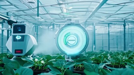 Poster - Automated sensors and robotic arms work together to monitor and optimize plant growth inside a modern greenhouse.