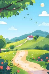 Wall Mural - Green Meadow with a Small White House and a Winding Path