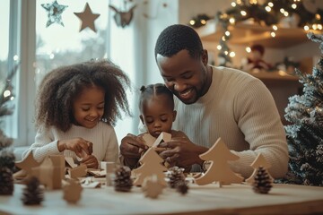 Family crafting holiday decorations together in a cozy living room during winter