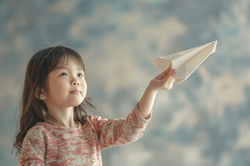 Wall Mural - a little girl holding a paper airplane in her hand