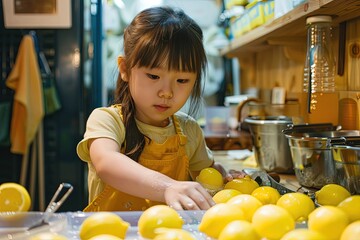 Wall Mural - a little girl that is standing in front of some lemons