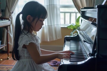 Sticker - a young girl playing a piano in a living room