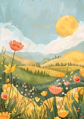 Wall Mural - Beautiful Illustrated Landscape With Colorful Flowers