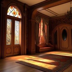 Wall Mural - Luxury Wooden Interior Design with Stained Glass Window