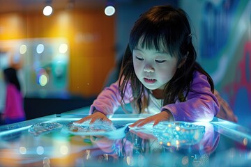 Wall Mural - a little girl is playing with a tablet