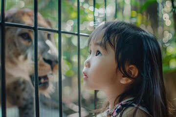 Poster - a little girl looking at a cheetah through a fence