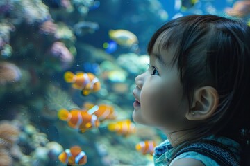 Wall Mural - a little girl looking at a fish in an aquarium