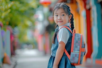 Wall Mural - a little girl with a backpack standing on a sidewalk