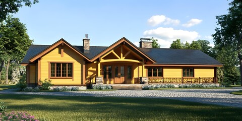 Sticker - Modern Log Cabin Home Design With Stone Detail