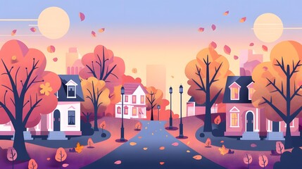 Wall Mural - Autumn Landscape with Houses and Trees