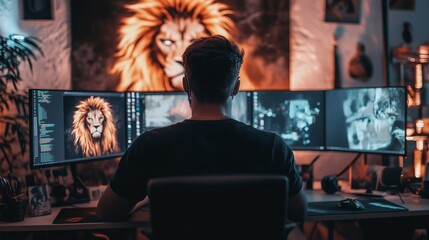 Poster - person working at a computer desk with three monitors displaying digital lion artwork in a dimly lit