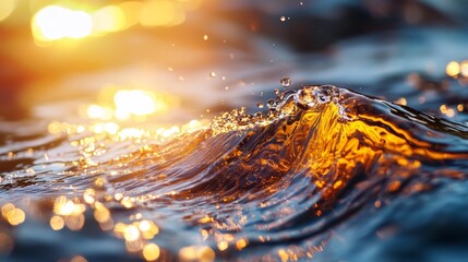 Wall Mural -  A tight shot of a wave on a water body, sunlight filtering through the clouded sky behind