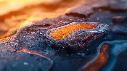 Poster -  A tight shot of orange-black fabric, dotted with water beads, under a nearby yellow light