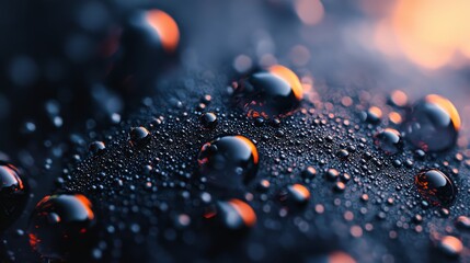 Wall Mural -  A macro shot of water droplets on a black backdrop, lit from behind by yellow and red lights Above, a blue sky