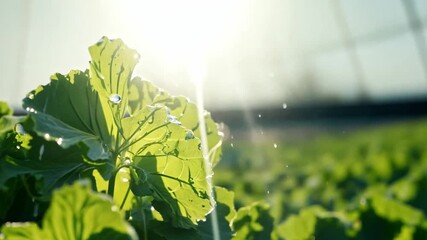 Poster - Sunlight shines on lush green leaves as water droplets sparkle, highlighting the growth in a thriving agricultural field.