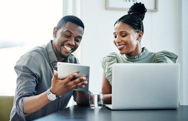 Aufkleber - Laptop, tablet and business people in office for meeting for website, research or online project. Corporate, digital tech and African man and woman on computer for teamwork, collaboration or planning