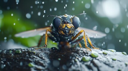 Sticker -  A tight shot of a fly perched on a rock, its wings and eyes speckled with raindrops