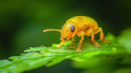  A detailed image of a bug perched on a wet leaf, with water droplets clinging to its back legs