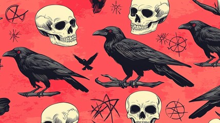 Skulls, Crows, and Symbols Seamless Pattern.