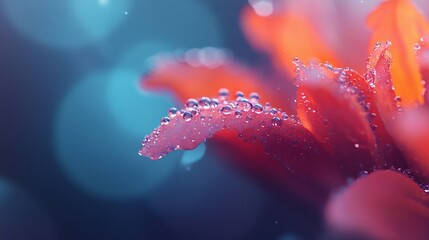 Wall Mural -  A macro shot of a bloom with water droplets on its petals and a hazy blue backdrop