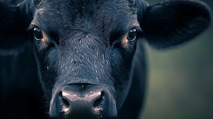 Wall Mural -  A tight shot of a black cow's face, surrounded by a hazy grass and tree backdrop