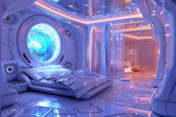 Futuristic bedroom design with glowing lights and a scenic round window