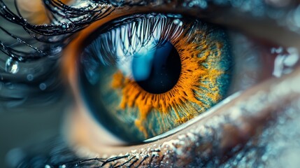 Canvas Print -  A tight shot of a blue eye with yellow and green irises Irides sporting water droplets