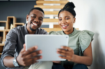 Poster - Office, video call and business people on tablet for meeting, contact and discussion for project. Corporate, collaboration and black man and woman on digital tech for internet, networking or teamwork