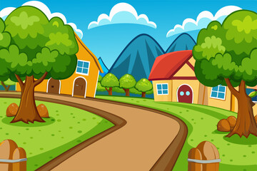 Wall Mural - Village road cartoon style vector