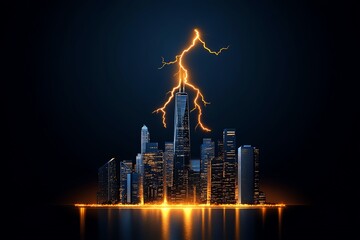 Poster - A lightning bolt strikes a skyscraper in a futuristic cityscape. The city lights illuminate the night sky.