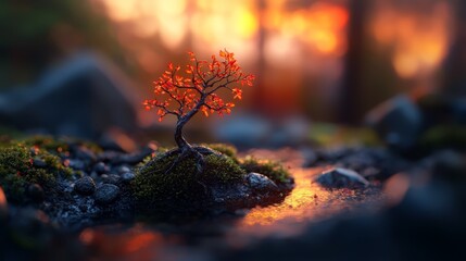 Sticker -  A small red tree atop a moss-covered rock, adorned with red and green leaves, against a sunset backdrop