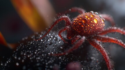  A tight shot of a red spider with water droplets on its back legs and rear end