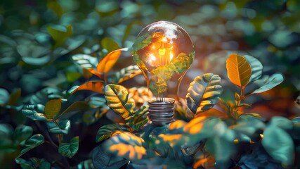 Poster - Eco-Friendly Concept with Earth Lightbulb on Leaves.A creative display of an eco-friendly concept with a lightbulb depicting the Earth