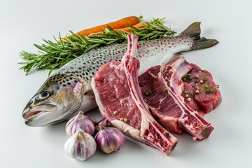 Fresh fish and meat are placed together