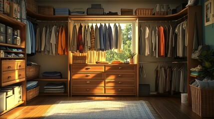 Poster - Sunlight pours into a well-organized closet, highlighting colorful garments and elegant wooden drawers, creating a warm and inviting atmosphere
