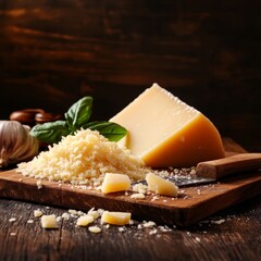 Delicious cheese on a wooden board, featuring grated and sliced pieces, perfect for culinary inspiration and gourmet dishes.