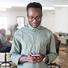 Poster - Communication, phone and social media with professional black man in creative workplace for interaction. Email, data and online traffic with African employee typing on app or platform for visibility