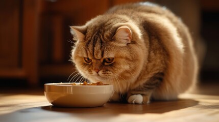 Wall Mural - A close-up of a chubby cat eating from a food bowl, with its fluffy cheeks and round belly prominently displayed as it enjoys its meal.