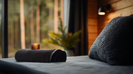 Poster -  A rolled-up towel sits atop a bed next to a vase with a pine tree backdrop