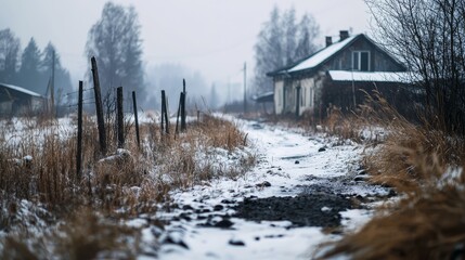 Wall Mural -  A path weaving through a snow-covered field, a house lurking in the distant background, and a fence dusted with fresh snow in the foreground The ground displays a mix of