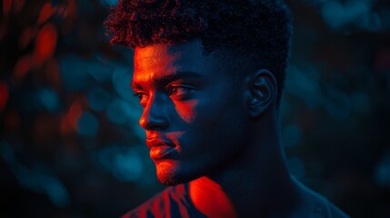 Wall Mural -  A tight shot of an individual donning a red shirt against a backdrop of a red light and a black shirt