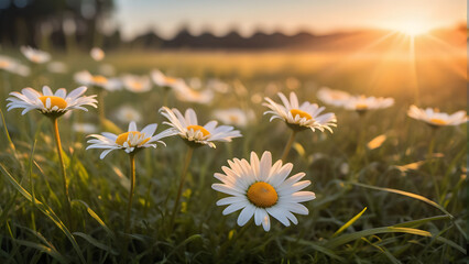 Experience the serene beauty of golden hour landscape photography, featuring luminescent white daisies in the foreground bathed in soft sunlight. The slightly blurred grassy meadow background evokes d