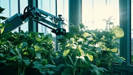 Poster - A robotic arm carefully waters and monitors young plants in a greenhouse as sunlight streams through the windows.