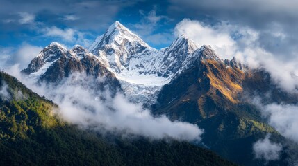 Wall Mural -  A mountain range with cloud-dotted foreground, blue backdrop dotted with white clouds